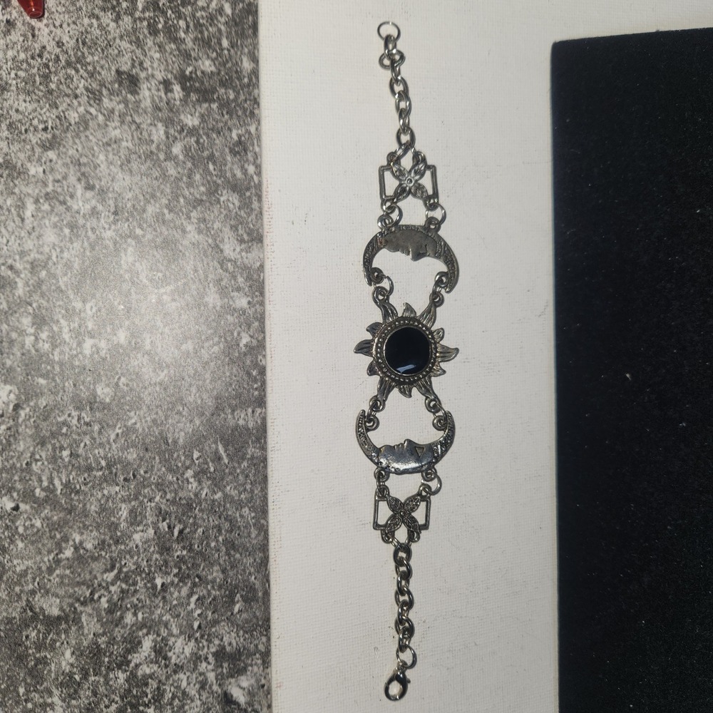 Celestial Sun Moon Link Bracelet Silver Tone Black Cabochon Boho Mystical - Picture 10 of 14